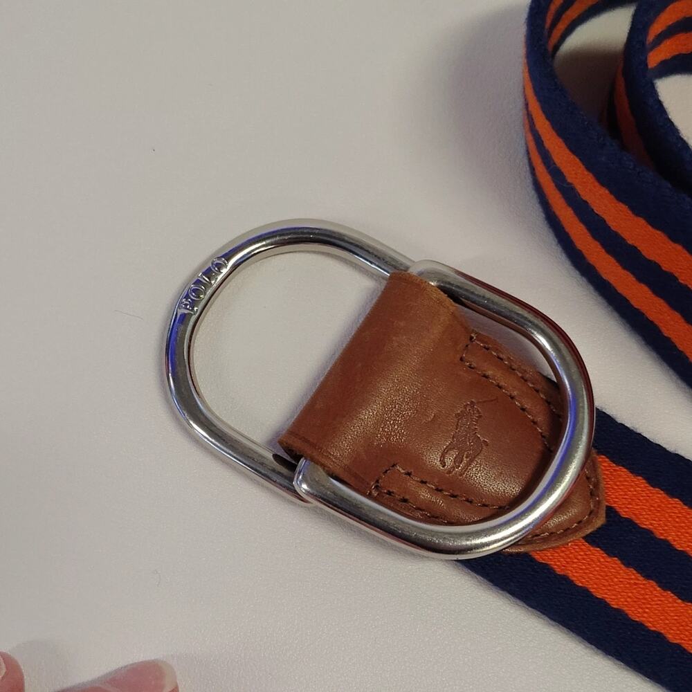 Polo Ralph Lauren Striped D-Ring Belt Navy Blue Orange Canvas Leather Trim 43" - Picture 4 of 8